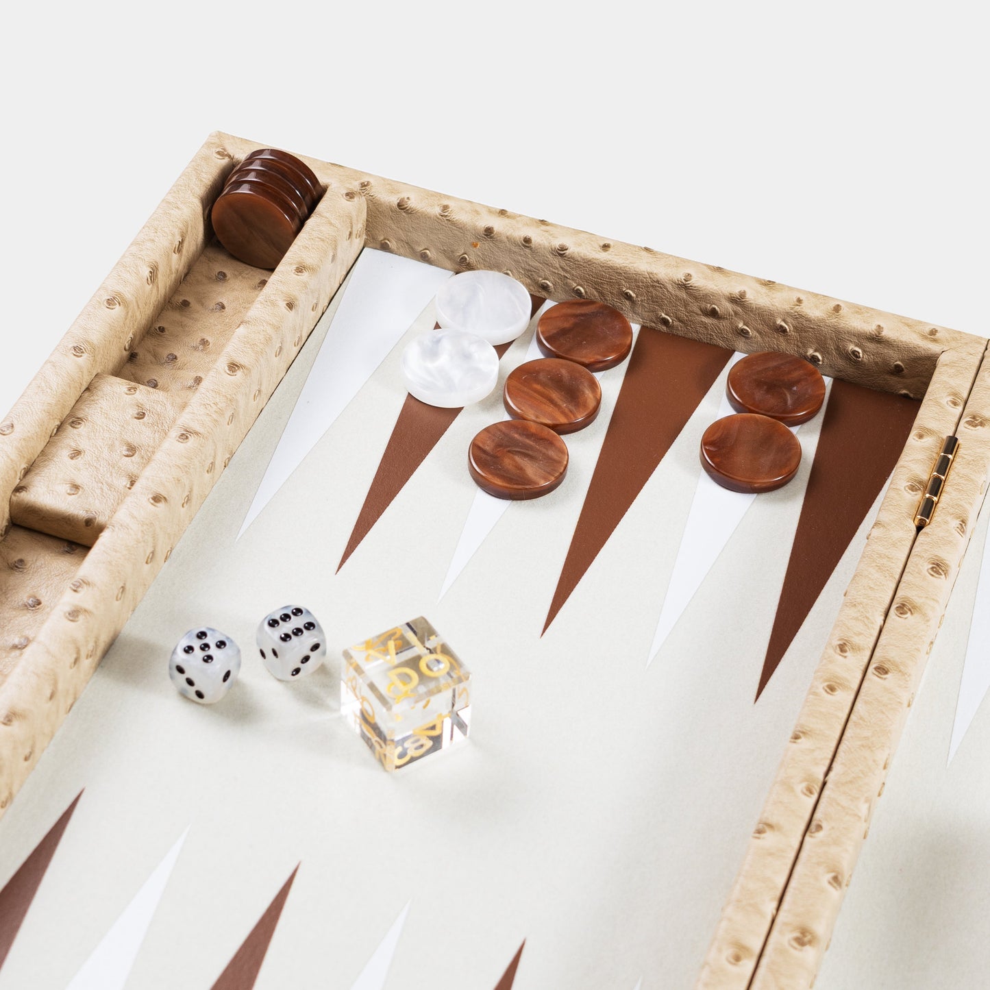 Backgammon set beige ostrich design with pieces and dice on a white background by VIDO