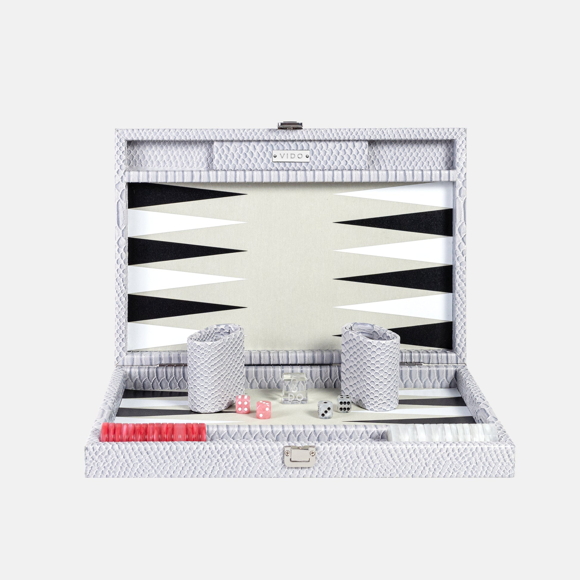 Backgammon set with a grey snake pattern on a white background by VIDO