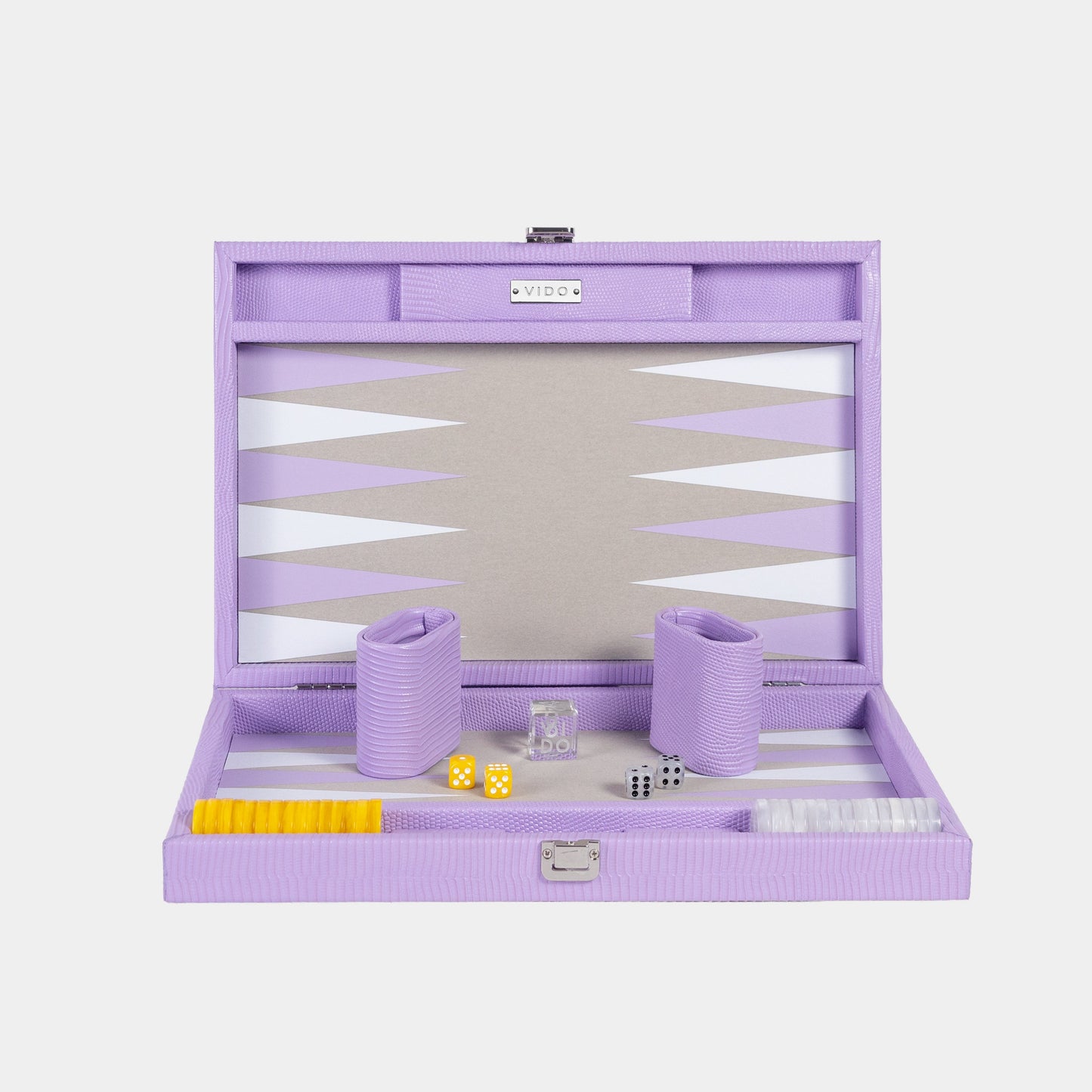 Purple backgammon set with pieces and dice on a white background by VIDO