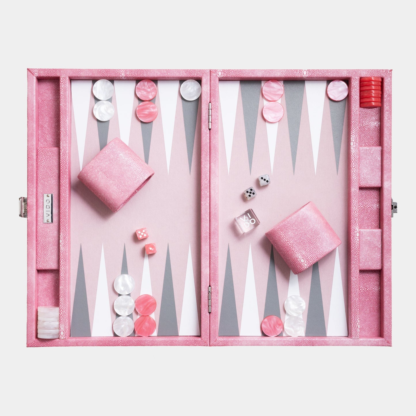 Pink backgammon set with pieces and dice on a white background by VIDO